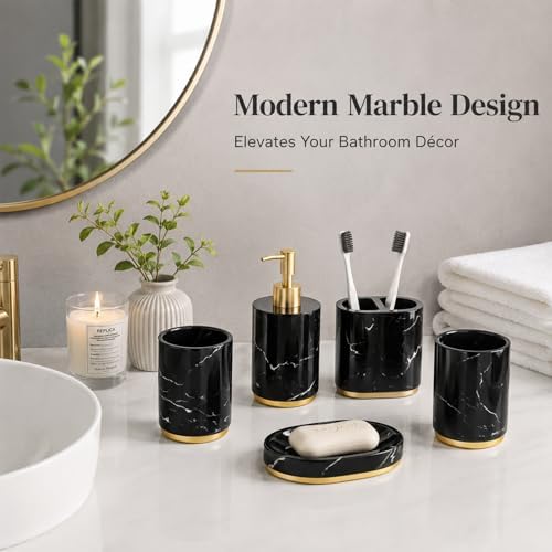 5 Piece Bathroom Accessories Set, Marble Resin Bathroom Set with Soap Dispenser, Toothbrush Holder, Soap Dish and Tumblers, Modern Bathroom Countertop Decor with Gold Accents (Black)