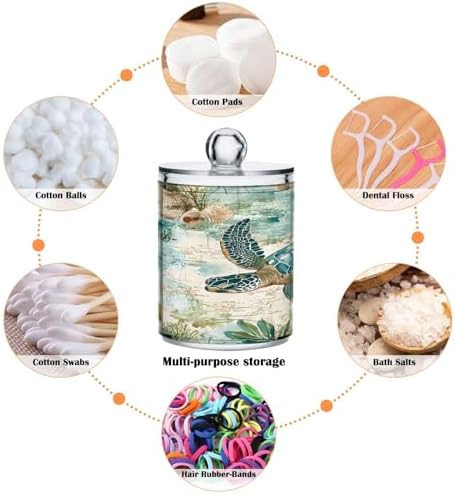 ALAZA Sea Turtle Starfish Map 4 Pack Qtip Holder Dispenser for Cotton Swabs, Balls, Pads, Floss 10 oz Plastic Canister Organizer