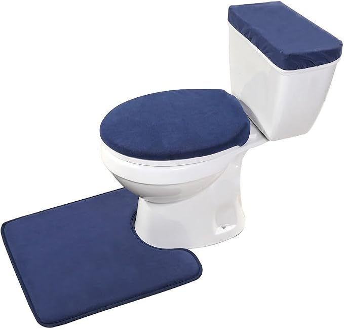 Madeals Memory Foam Toilet Mat and Velvet Toilet lid Cover Set with Toilet Tank Cover Velvet 3 Piece Toilet Set Navy Blue