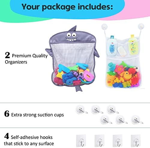 2 x Mesh Bath Toy Organizer + 6 Ultra Strong Hooks – The Perfect Bathtub Toy Holder & Bathroom or Shower Caddy – These Multi-use Net Bags Make Baby Bath Toy Storage Easy – For Kids & Toddlers