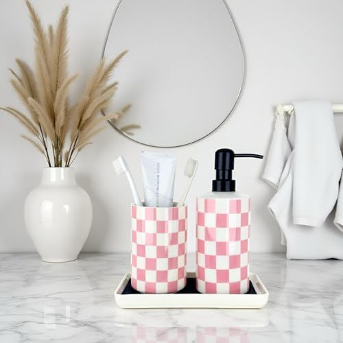 Bathroom Toothbrush Holder Set, Ceramic Soap Dispenser and Tooth Brush Holder Set, Bathroom Accessories Sets Countertop, Girly Pink Checkered Bathroom Decor for Girls Women