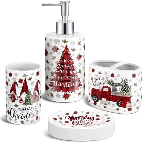 4 Pcs Christmas Ceramic Bathroom Accessories Gifts Xmas Bath Tumbler Xmas Tree Soap Dispenser Toothbrush Holder Soap Tray Merry Christmas Bathroom Decorations(Red and Black Plaid)