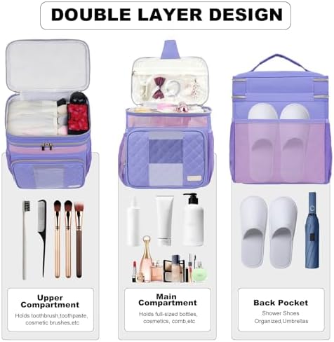 Portable Shower Caddy College Dorm Essentials, Large Toiletry Bag for Women Men, 2 Layers Quickly Dry Mesh Bathroom Tote Bag, Hanging Makeup Organizer Bag for Travel, Gym, Camping (Purple)