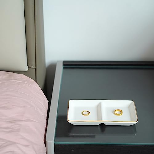HANKOR Ceramic Jewelry Dish Tray, 2 Compartment Ring Dish, Decorative Trinket Tray for Rings, Earrings, Keys, Birthday Christmas Gifts, White