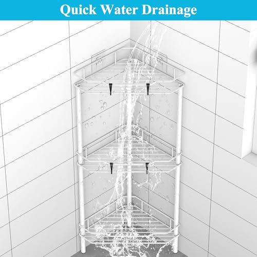HuggieGems Metal Floor Standing Corner Shower Caddy, White, 3 Tier