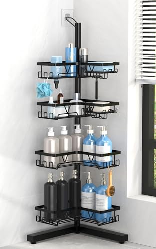 KEGII Floor Shower Caddy Standing, 4-Tier Corner Organizer with Hooks