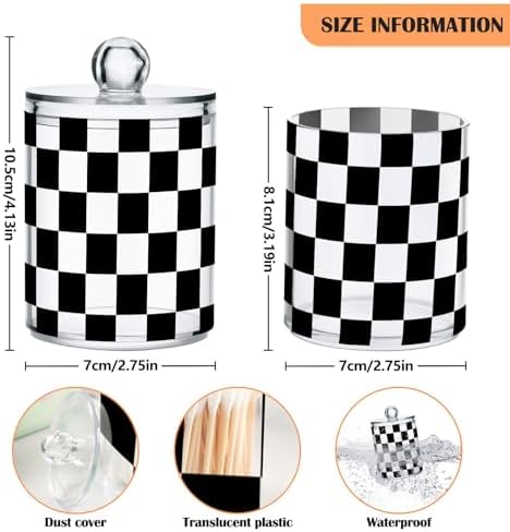 ALAZA Black White Checkered Plaid 2 Pack Qtip Holder Dispenser for Cotton Swabs, Balls, Pads, Floss 10 oz Plastic Canister Organizer
