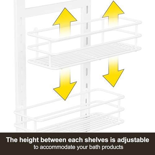 Orimade Adjustable Anti-slip Shower Caddy over Shower Head, Rustproof Bathroom Hanging Shower Organizer with 2 Hooks for Razor, No Drilling Shelves Storage Rack 2 Tier, White