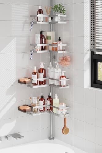 YASONIC Corner Shower Caddy Tension Pole, 25.7-109.1in Adjustable Shower Shelves, Rust-Resistant Shower Organizer, No-Drill 3-Step Installation, Bathroom Shelves for Renters & Family, Silver