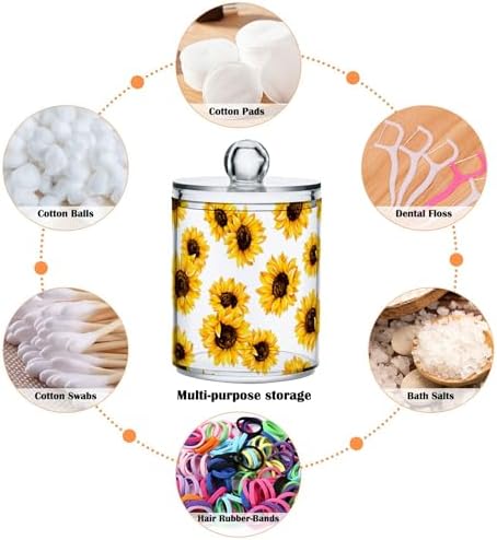 2 Pack Plastic Qtips Holder Sunflower Bathroom Organizer Canisters for Cotton Balls/Swabs/Pads/Floss,Plastic Apothecary Jars for Vanity