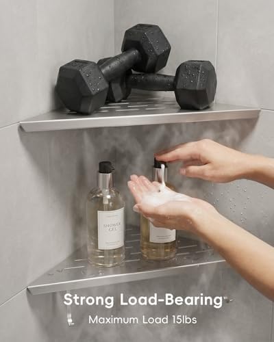 DAYONE Bathroom Corner Shower Shelf 2 Pack 12" Brushed Nickel, SUS304 Stainless Steel Slot Design Recessed Organizer Shelves with 2 Hooks and 2 Holes, for Tiled Wall