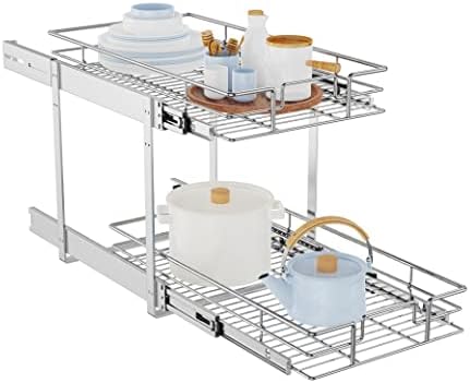 LOVMOR Individual Pull Out Cabinet Organizer, 2 Tier Slide Out Cabinet Drawers, Pots and Pans Organizer and Storage Pantry Shelf for Kitchen (12½" W x 21½" D)