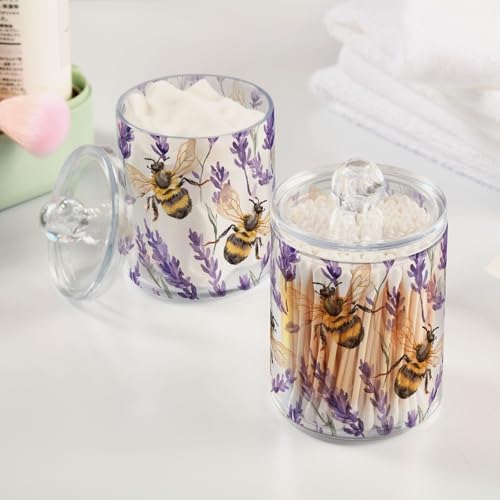 Fustylead 4 Pack Watercolor Honey Bees and Lavender Qtip Holder Dispensers, Plastic Apothecary Jar Bathroom Accessories Set for Cotton Ball, Swab, Round Pads, Floss