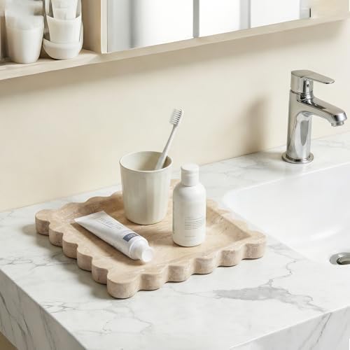 Scalloped Square Marble Decorative Tray, Natural Stone Vanity & Jewelry Tray, Trinket Organizer for Ring, Key, Dresser, Nightstand, Bathroom Counter & Kitchen Sink(Beige Travertine)