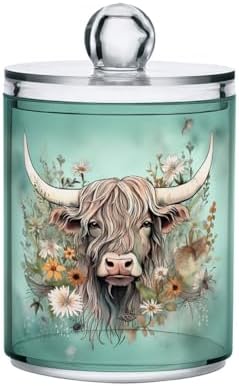 MNSRUU 4 Pack Qtip Holder Organizer Dispenser Highland Cow Flowers Pink Bathroom Storage Canister Cotton Ball Holder Bathroom Containers for Cotton Swabs/Pads/Floss