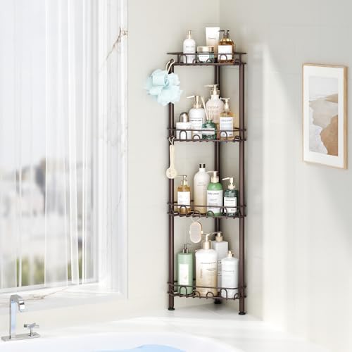 SWTYMIKI Standing Shower Caddy Corner - 4‑Tier Stainless Steel Shower Organizer Shelf with 12 Hooks and Adhesive Pads, Rustproof Corner Shelves Stand Rack for Bathroom Shower Room, Bronze