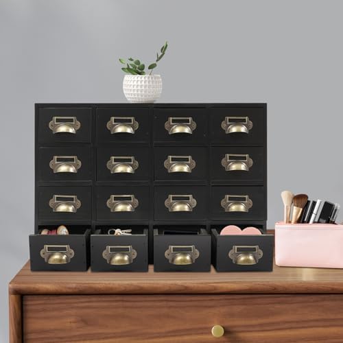 16 Drawers Apothecary Cabinet Library Card Catalog Cabinet Card Catalog Drawer with Metal Handles & Label Slot Wooden Desk Drawer Organizer for Herb Storage, Tea Collection (Black)
