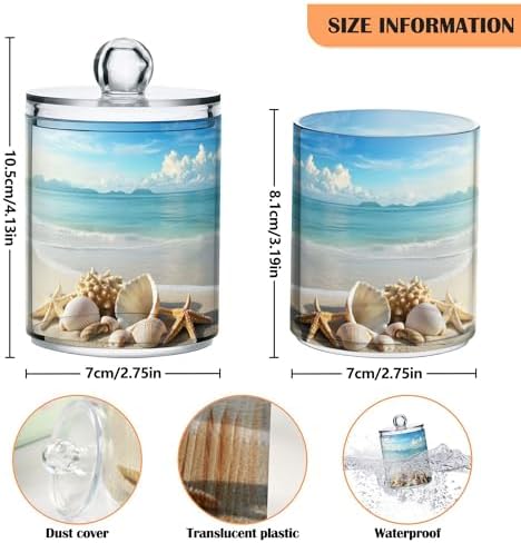 Mnsruu 4 Pack Qtip Holder Organizer Dispenser Beach Scene with Starfish Shells Bathroom Storage Canister Cotton Ball Holder Bathroom Containers for Cotton Swabs/Pads/Floss