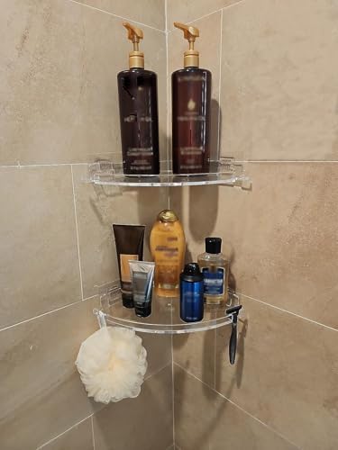 JiePai Acrylic Corner Shower Caddy Shelf with Hooks 4 Pack, Adhesive Wall Mounted Bathroom Shower Organizer for Inside Shower & Kitchen Storage, Space-Saving Design