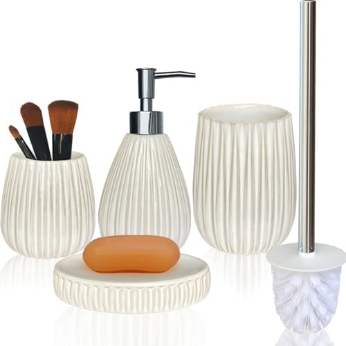 Ceramic Bathroom Accessory Set, White Bathroom Set, Caahanjia Bathroom Accessories Set 4 Pieces, Toilet Brush, Lotion Dispenser, Soap Dish, Toothbrush Cup, Modern Bathroom Décor (13 Ounce)