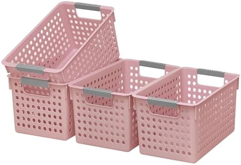 Soddeph 4 Pack Plastic Storage Basket with Handles, Small Deep Organizer Bin with Hollow Design for Under Counter, Shelf, Closet, Kitchen or Bathroom (Pink, Small)