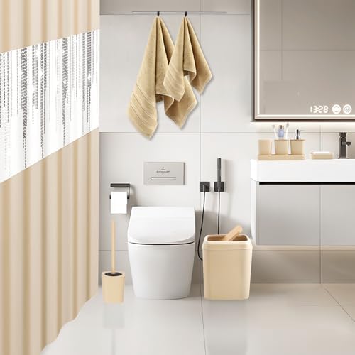 Beige Bathroom Accessories Set with Sequin Shower Curtain Beige Bathroom Decor with Trash Can,Toothbrush Holder, Toothbrush Cup,Soap Dispenser, Tray, Soap Dish,Toilet Brush