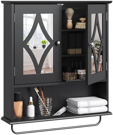 RoyalCraft 22x25 Bathroom Medicine Cabinet with Mirror, Large Wood Wall Mounted Storage Cabinet with Shelves and Towel Bar, Over The Toilet Storage Cabinet for Bathroom, Laundry, Living Room, Black