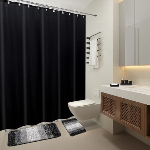 XLHOMO 24PCS Bathroom Sets with Shower Curtain and Rugs,Black Bathroom Accessories Set Waterproof Black and White Shower Curtain Set, Toilet Brush, Trash Can & Bathroom Rug