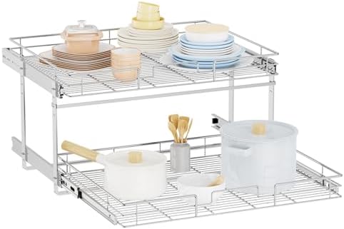 LOVMOR Individual Pull Out Cabinet Organizer, 2 Tier Slide Out Cabinet Drawers, Pots and Pans Organizer and Storage Pantry Shelf for Kitchen (27" W x 21½" D)