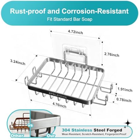 Soap Dish for Showr - 304 Stainless Steel Bathtub Tray Suction Cup Square Shower Soap Holder - A Must-Have for Comfortable Apartment, Home and Dormitory Bath Laundry Kitchens