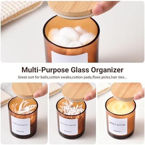 Glass Qtip Holder 2 Pack , Qtip Holder Dispenser Bathroom Set Bathroom Organizers and Storage Q tip Holder with Lid Makeup Storage Organizer for Cotton Swabs,Cotton Balls,Pads ,Amber