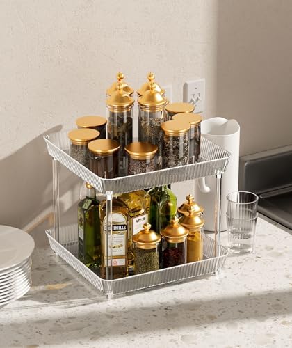 3 Tier Lazy Susan Bathroom Countertop Organizer, 360° Clear Rotating Square Storage Tray, Cosmetics and Perfume Organizer, Spinning Storage Tray Vanity Organizer Shelf for Bathroom Cabinet, Kitchen