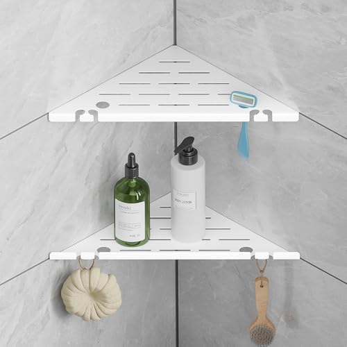 Corner Shower Shelves with Razor Hole & Hooks, Modern Sturdy Shower Shelves