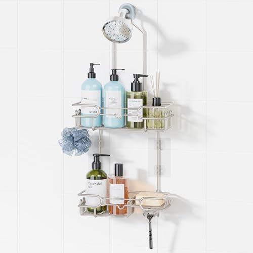 HapiRm Hanging Shower Caddy Organizer - Bathroom Organizer with 12 Hooks and Soap Holder, Rustproof Shower Shelf over Shower Head - Brushed Nickel