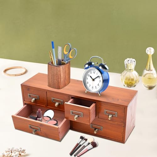 6-Drawer Vintage Desk Organizer Tabletop Apothecary Cabinet Vintage Wooden Drawers Library Card Catalog Cabinet for Store Medicine, Jewelry, Tea Collection (Brown)