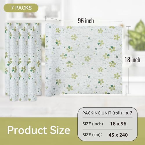 FIFTY FEET 12"x120" Non-Adhesive Shelf Liner for Kitchen Cabinets and Drawers, Washable Non-Slip PVC Cabinet Liner (Green Floral)(7 Roll)