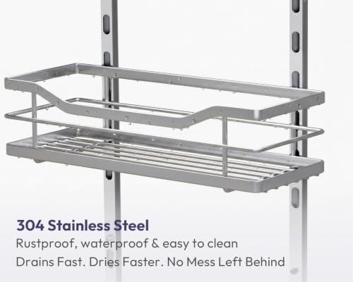 SWTYMIKI Over the Door Shower Caddy - 3 Tier Adjustable Shower Organizer Hanging with Soap Holder, No Drilling Stainless Steel Bathroom Rack Hanging for Body Wash, Shampoo, Soap, Razor, Silver