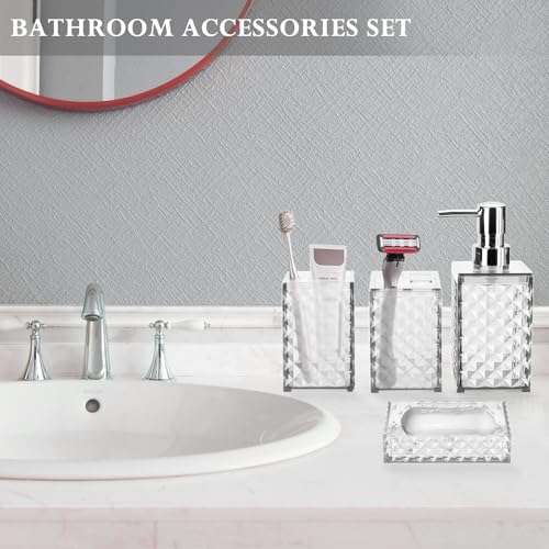Bathroom Accessory Set, Grid Pattern 4 Pcs Plastic Bathroom Set, White