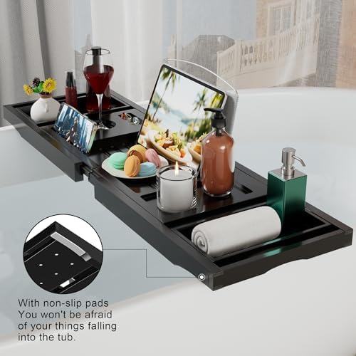 Bathtub Tray Caddy, Expandable Bamboo Bath Tray for Tub
