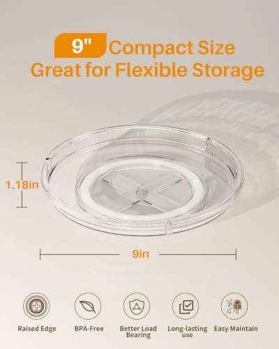 LAMU 4 Pack Lazy Susan Organizer 9 inch Lazy Susan Turntable for Cabinet, Rotating Spice Organization for Cabinet, Kitchen, Table Top, Countertop, Pantry Fridge Organizers and Storage, Clear