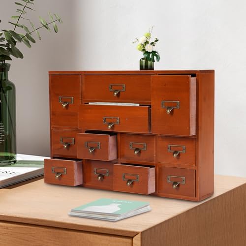 12 Drawers Apothecary Cabinet Library Card Catalog Cabinet Card Catalog Drawer with Metal Handles & Label Slot Wooden Desk Drawer Organizer for Herb Storage, Tea Collection (Brown)