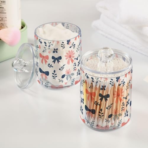 ALAZA Bow Flower Floral Print 4 Pack Qtip Holder Dispenser for Cotton Swabs, Balls, Pads, Floss 10 oz Plastic Canister Organizer