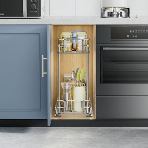 ROOMTEC Pull Out Cabinet Organizer for Narrow Cabinet (8.5" W X 21.5" D), Kitchen Cabinet Organizer and Storage 2-Tier Cabinet Pull Out Shelves Under Cabinet Storage for Kitchen, Chrome