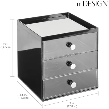 mDesign Makeup Organizer Storage Station Cube with 3 Drawers for Bathroom Vanity, Cabinet, Countertops - Holds Lip Gloss, Eyeshadow Palettes, Brushes, Blush, Mascara - Black/Clear