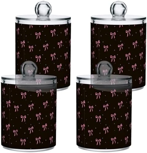 Gredecor 4 Pack Qtip Holder Clear Cute Pink Ribbon Bow Apothecary Jars with Lids Acrylic Bathroom Jars Vanity Countertop Canister Storage Organizer for Cotton Ball,Swabs,Pads,Floss