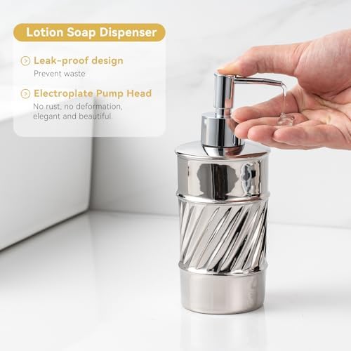 3-Piece Ceramic Bathroom Accessories Set - Soap Dispenser, Toothbrush Holder & Soap Dish with Modern Wave Embossed Design for Bathroom Accessory Set (Silver)