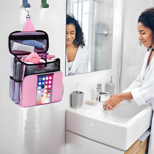 Pink shower Caddy,Dorm Room Essentials for Girls-Mesh Shower Caddy,Quick Dry Portable Hanging Toiletry Bag,Large Makeup Organizer for Full-Sized Toiletries,Travel Essentials for Camping,Gym,Swimming