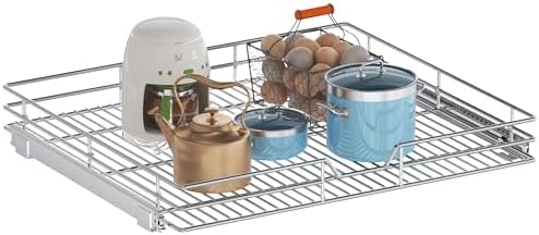 Pull Out Cabinet Organizer, 28.5" W x 21.5" D, Heavy Duty Chrome Slide Out Shelf for Wide Base Cabinets, Sliding Wire Basket Drawer for Pots, Pans, Appliances & Pantry Storage