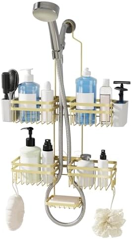 Shower Caddy Hanging for Bathroom Organizers and Storage - 3-Tier Adjustable Anti-Swing Shower Organizer Hanging with Heavy-Duty Suction Cups, Damage-Free Rustproof (Gold)