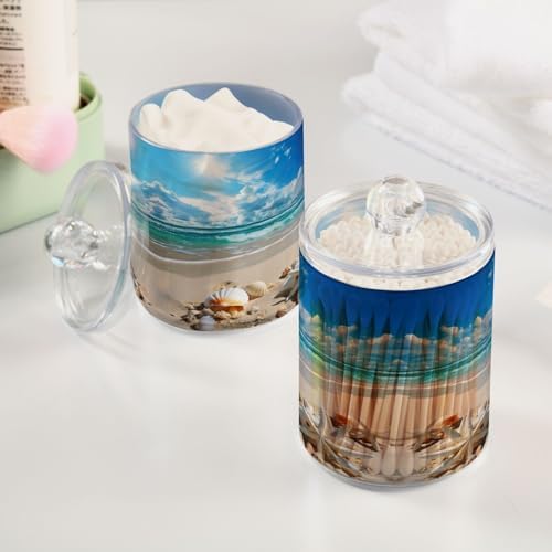 Beautiful Beach Scene Qtip Holder 2 Pack - 10 Oz Clear Plastic Apothecary Jar Set for Bathroom Organization - Versatile Canister Storage for Cotton Balls, Swabs, Rounds